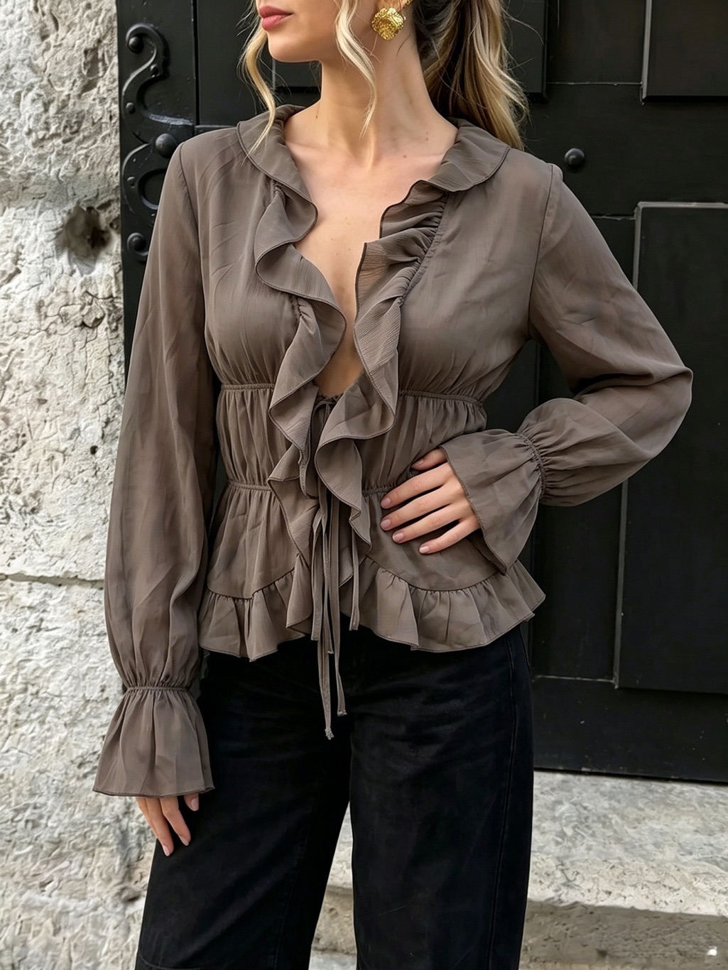 Ruffled V-Neck Long Sleeve Blouse